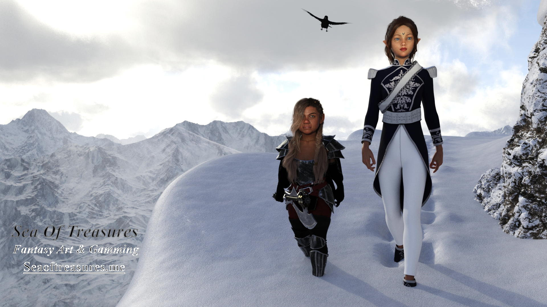 A Princess and Dwarf Guard Hiking a Mountain Pass